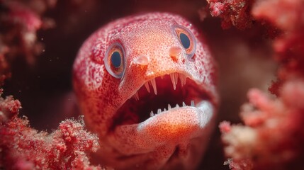 Close-up of moray eel in coral reef hole