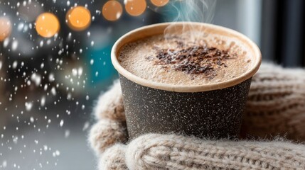 Steaming hot cocoa in gloved hands detail