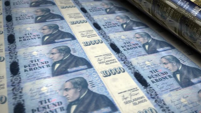 Iceland krona Icelandic money banknotes printing roll machine loop. Paper 10000 ISK bank note print 3d looping seamless. Abstract concept of banking, finance, economy and crisis.