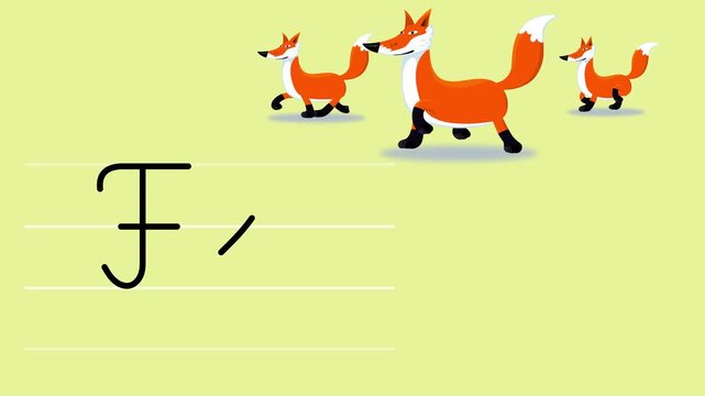 F letter writing like fox color cartoon animation. A compatibile part of the alphabet serie. Handwriting educational style for children. Good for education movies, presentation, learning alphabet.
