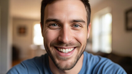 Obraz premium Smiling young man close-up portrait with natural light representing happiness, confidence and authentic lifestyle 