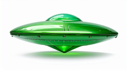 Fototapeta premium Green toy-like UFO with dome top, metallic trim, and rounded landing legs on white surface.