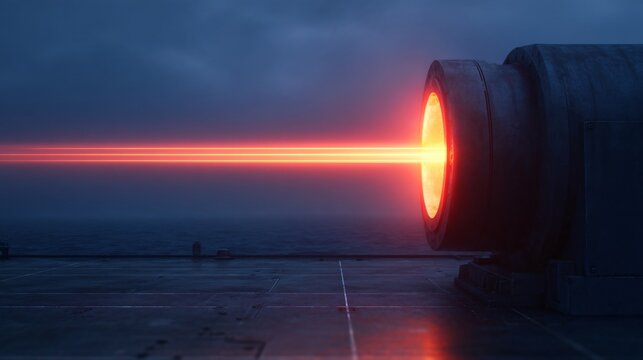 Electromagnetic railgun system on a naval destroyer. massive metallic rails with blue electrical arcs. wet steel deck and ocean horizon.