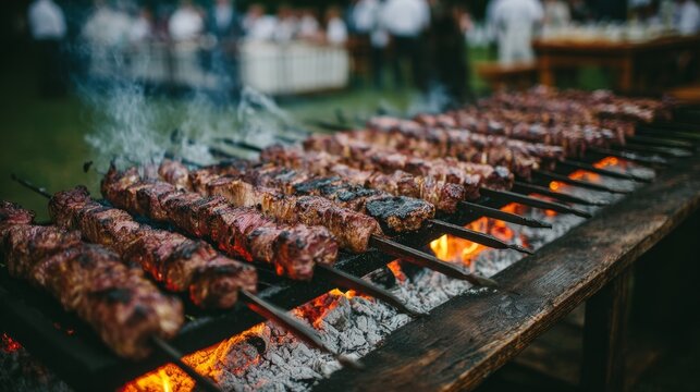 Traditional Russian meat shashlik grilling outdoors - Powered by Adobe