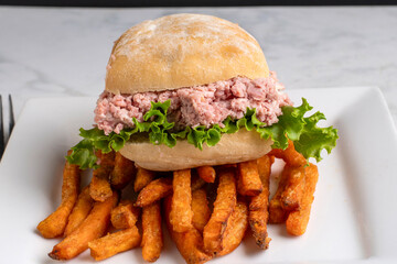 spam salad  sandwich with  sweet potato fries