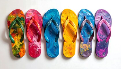 A vibrant, overhead shot displays six colorful sandals in a row against a clean white background. Each features a unique marbled design