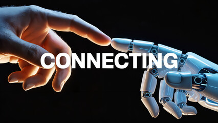 Human hand touching robot finger, artificial intelligence connection, future technology concept, cybernetic partnership, 3d rendering, digital machine learning, automation, sci-fi interaction, bionic.