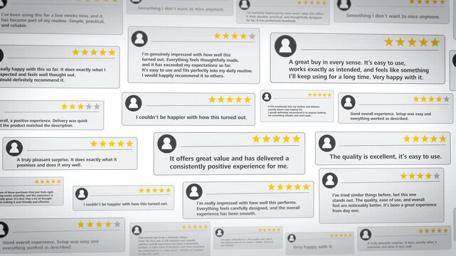 Clean collage of floating review cards with star ratings on a bright white background, representing customer feedback, product testimonials, and social proof for online shop presentations