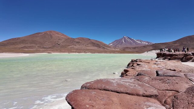 San Pedro de Atacama, Chile: Panorama footage of Mi&ntilde;iques volcano, aguas caliente and salar del Carmen from Piedras Rojas view point near San Pedro de Atacama, Chile