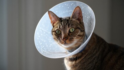 cat in recovery collar in soft window light looking aside on couch with calm post surgery mood