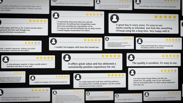 Floating customer review cards with star ratings create a dynamic collage on a dark background, visualizing online product feedback, social proof, and trust signals for e-commerce marketing use.