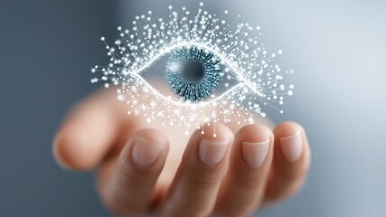 Futuristic eye medical technology iris hologram floating above outstretched hand conveying diagnostic innovation and vision care with digital network data connection and soft neutral blue tones - Powered by Adobe