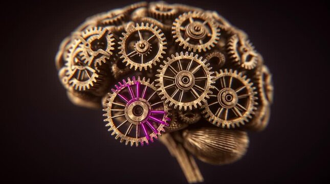 Abstract brain built colorful gears cogs, internal factory mechanism producing glowing ideas light particles, creativity innovation concept, mechanical motion transparent brain structure, cinematic 4k