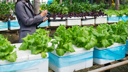 Business professional using a digital tablet and stylus for field data collection, analysis, and documentation in a modern outdoor work environment.