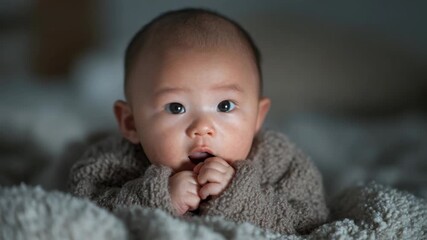 Sweet baby smiles while playing on a soft blanket in a cozy room during the afternoon