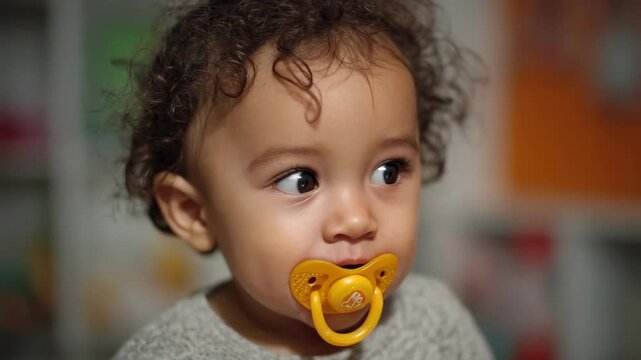 Cute baby with curly hair enjoying a pacifier indoors in a cozy playroom during daytime in a warm atmosphere