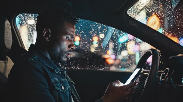 Man using smartphone in car at night distracted driving rain bokeh effect