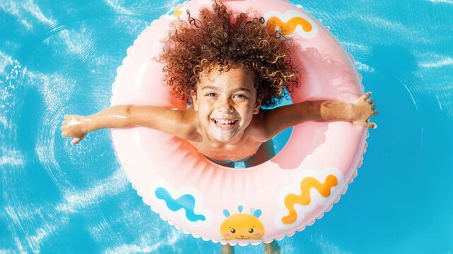 child with curly hair floats in blue pool, arms outstretched, laughing, wearing pink floatie and swimsuit, joyful summer fun, playful splash, carefree delight, summer bliss, holiday splash