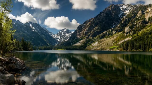 Beautiful mountain landscape with clear lake reflections and vibrant clouds in a serene environment