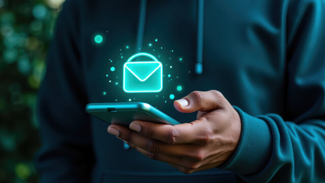 Person holding smartphone with glowing email icon above it, symbolizing digital communication and connectivity - Powered by Adobe