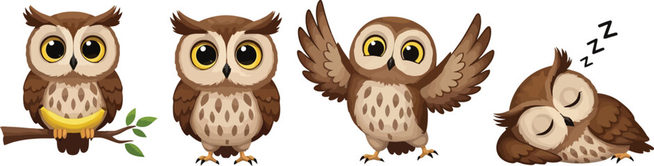 Whimsical illustrations of owls in various poses
