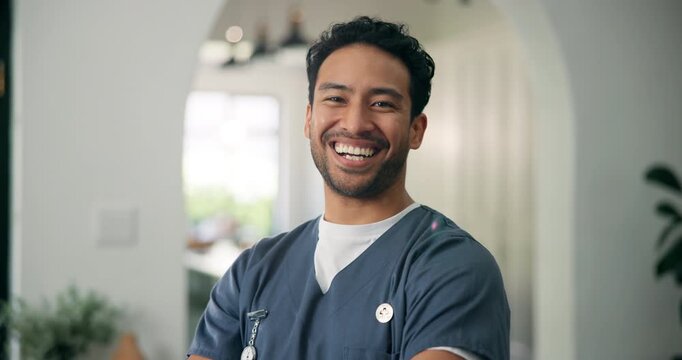 Nurse, face of man and arms crossed in home for health support, homecare or about us pride. Flare, caregiver or happy in assisted living for medical service, career integrity or healthcare assistance