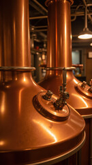 Copper brewing equipment industrial design warm lighting close up craftsmanship brewing process metal texture interior space