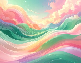 Obraz premium A vibrant, whimsical landscape with flowing, colorful waves and pastel skies creates a dreamy, ethereal scene with a soft, gentle atmosphere