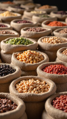 Colorful beans and legumes burlap sacks create vibrant display of natural food products. variety showcases different shapes and colors