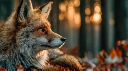 A red fox faces the sunset with golden eyes. Soft fur glows against a blurred forest background