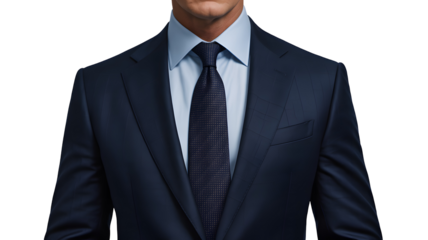 Close up of a sharply dressed businessman wearing a navy blue suit and patterned dark tie against black