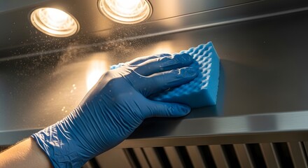 A professional person in a laboratory or kitchen setting uses modern technology and hand work to maintain health while washing dishes in the sink