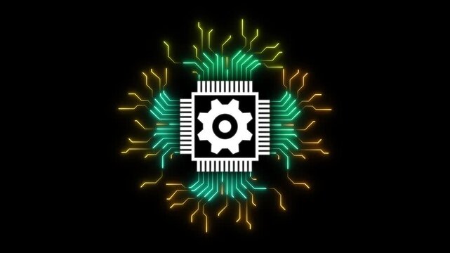 Electronic circuit board with settings icon. Moving electronic circuit animation on black background. setting icon futuristic neon circuit board animated flat style Processor chips background.