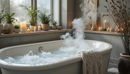 Relaxing bubble bath in serene bathroom with candles and plants