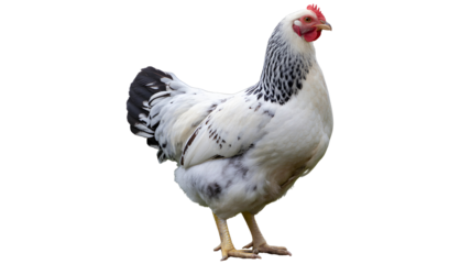 Striking black and white speckled hen stands alertly on a transparent background for design use