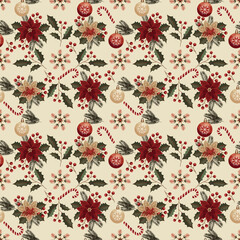 Christmas seamless pattern with poinsettia flowers, fir tree branches, and Christmas tree decorations. Vector illustration.