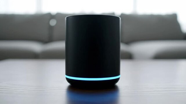 Modern apartment interior with a smart speaker on a coffee table.