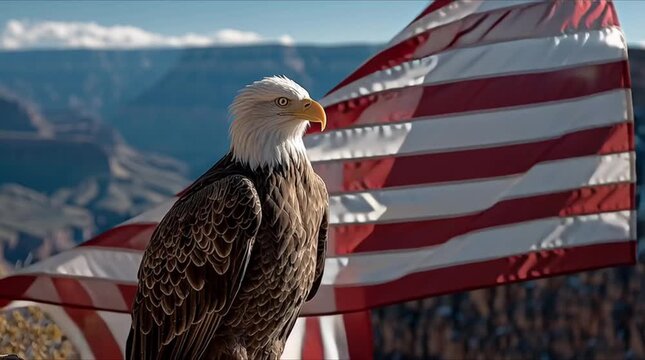 Time-lapse U.S. flag waving wind majestic American bald eagle landing cliff foreground, bright sunny sky morning afternoon, vivid blue skies, eagle feathers, flag fabric realism, dramatic yet upliftin