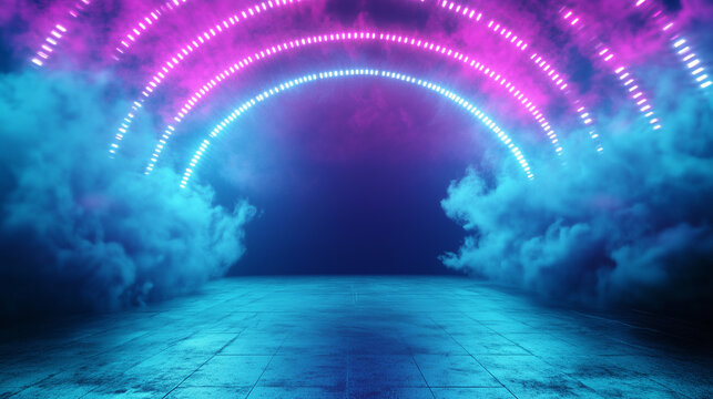 uturistic Neon Stage with Arches and Colorful Smoke in Blue and Pink Lights