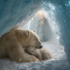 white bear and babys are sleeping in the cave.
