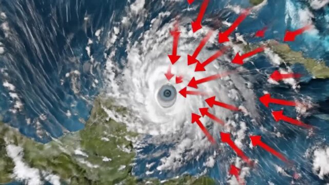 satellite view of powerful hurricane swirling over gulf of mexico, with red arrows showing wind direction and intensity, zooming into the eye