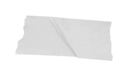 White adhesive masking tape piece with torn edges on transparent alpha channel background showing crinkled texture