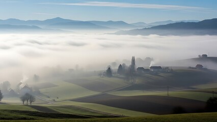 Misty Morning Over Rolling Hills and Village