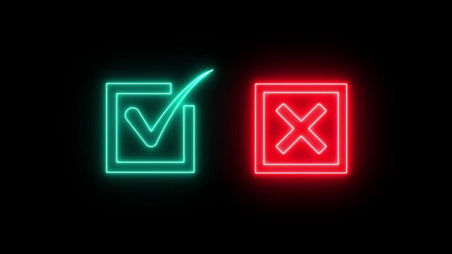Tick or check mark signs neon icon animation. right and wrong animated neon icons, False and true. Correct and incorrect, accept and reject.