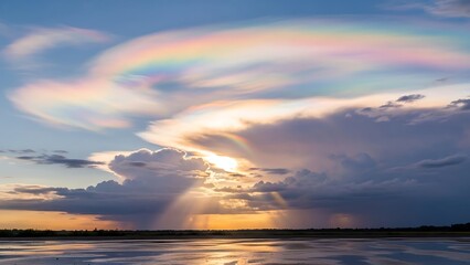 Vibrant Iridescent Clouds at Sunset Over Water