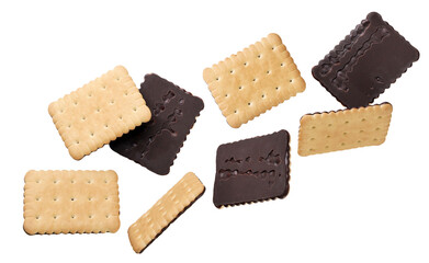 Chocolate covered cookies flying on a white. Isolated