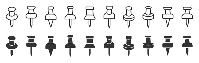 Push pin icons set. Needle, pinned, attach, and note symbol. Thumbtack for note attach collection. Paperclip symbol. Pushpin flat and line style collection. Vector illustration.