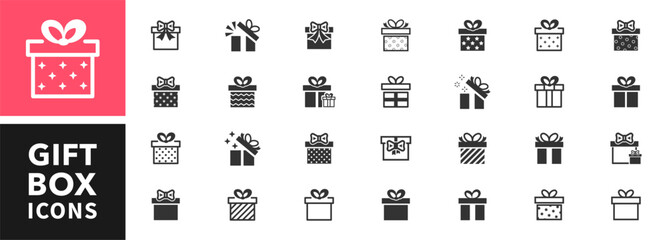 Gift box icons set. Surprise package. Surprise gift boxes collection. Collection of gift boxes with ribbon. Christmas gift icon illustration. Style of lines and silhouettes. Vector illustration.