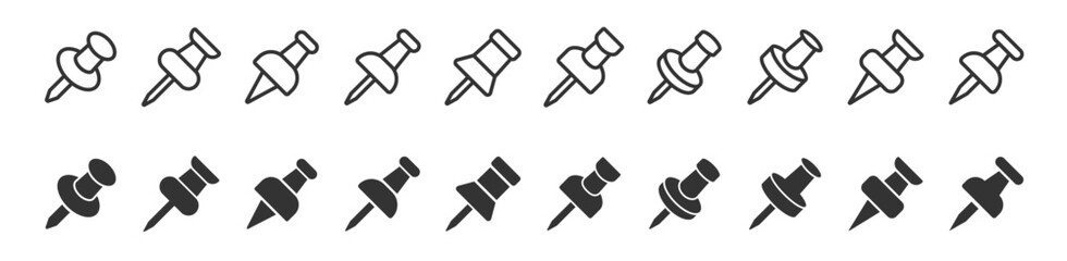 Push pin icons set. Needle, pinned, attach, and note symbol. Thumbtack for note attach collection. Paperclip symbol. Pushpin flat and line style collection. Vector illustration.