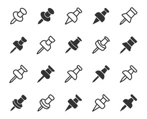 Push pin icons set. Needle, pinned, attach, and note symbol. Thumbtack for note attach collection. Paperclip symbol. Pushpin flat and line style collection. Vector illustration.